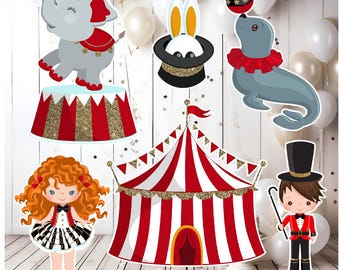 Recortes decorativos para fiestas de circo rojo y dorado (6 piezas): juego completo de decoraciones para cumpleaños.