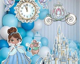Accesorios para fiesta de Cenicienta (8 piezas) Set variado de recortes: Castillo, carroza, decoración de cumpleaños, tarjetas de jardín