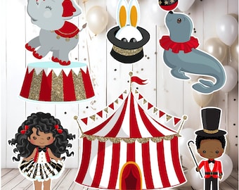 Recortes decorativos para fiestas de circo Red Gold (6 piezas): Diversos adornos de cumpleaños. Juego completo.