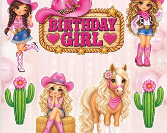 Pink Cowgirl Yard Card Birthday Props Set 4 Mil Corrugated Plastic 7 Piece Set