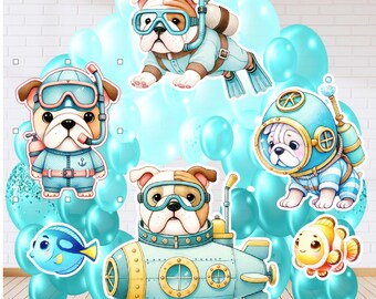 Recortes decorativos de plástico corrugado con temática de submarino: Bulldog bajo el mar (6 piezas).