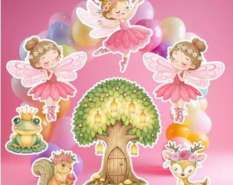 Accesorios de cumpleaños con temática de jardín de hadas rosa (7 piezas): Criaturas del bosque, recortes decorativos para baby shower