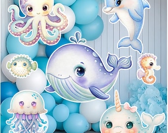 Adornos para fiesta temática "Bajo el mar" en tonos pastel (7 piezas): Tarjetas de cumpleaños de animales marinos de plástico corrugado para jardín.