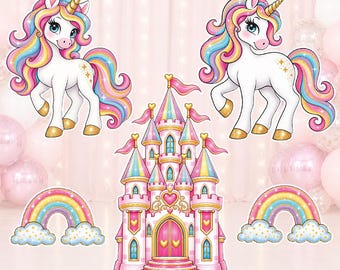 Pink Unicorn Castle Party Prop (5 Pieces) Cutout: Birthday, Baby Shower Decor Corrugated Plastic