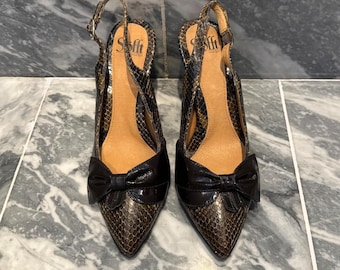 Sofft Brown Embossed Leather Sling Back Heels - with bow - Size 8M