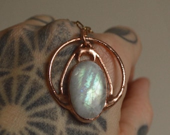 Lunar pendant with rainbow moonstone. Botanical necklace, boho wedding