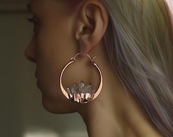 50 mm hammered hoops with quartz points. Electroformed rustic jewellery