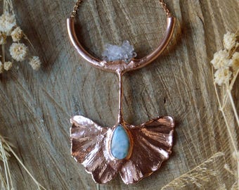 Real Gingko leaf with Larimar and quartz cluster electroformed in copper. Boho gifts for her
