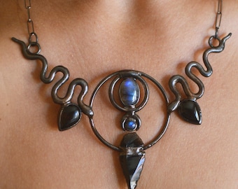 Black statement collar. Blue labradorite and black onyx. Witchy amulet necklace