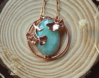 Unique piece. Dreamy amazonite pendant with Gingko leaves and crescent moon
