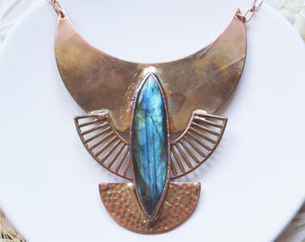 Statement tribal textured pendant with large blue labradorite