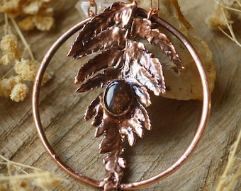 Reversible pendant, real fern with high grade fire agate. Rainbow copper necklace