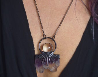 Geometric amethyst slice and glass sphere gunmetal pendant
