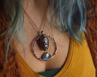 Real pinecone formed in copper pendant with blue labradorite, Christmas gift for her