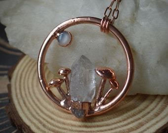Raw crystal quartz statement mushroom pendant with grey moonstone