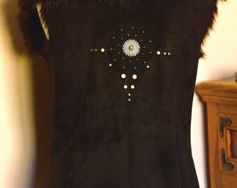 Reversible black faux fur waistcoat. Macramé applique and studs. Sacred geometry festival clothing