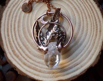 Real pinecone and fern necklace with raw quartz shard and crescent moon