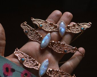 Rainbow moonstone dragonfly necklace, copper electroformed whimsical jewellery. Bright copper finish, faerie, pixie, valentine's gift