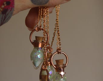 Magic potion vial, glow in the dark necklace. Copper witchy pendant