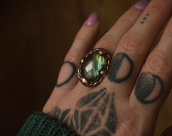 Made to order - Electroformed copper gold Labradorite ring. Boho statement ring