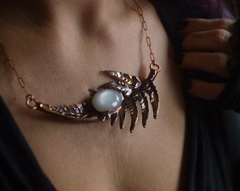 Real fern leaf collar with grey moonstone. Statement botanical necklace