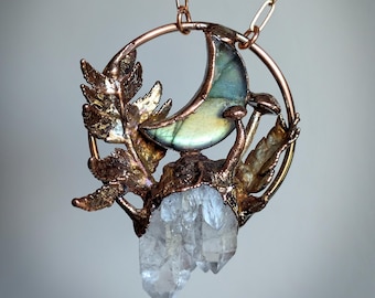 Labradorite Moon sculptural pendant with raw quartz, fern and mushrooms