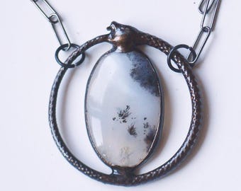 Unique piece. Black Ouroboros rdendritic opal pendant. Witchy amulet necklace
