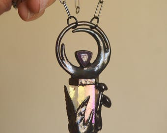 Electroformed Aura Quartz Amethyst Pendant: Copper Crescent Moon Necklace
