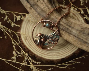 Electroformed Copper Pendant: Miniature Forest, Labradorite Moon, Quartz Crystal