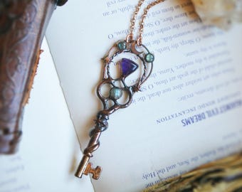 Magical key pendant with labradorite and amethyst, celestial jewellery