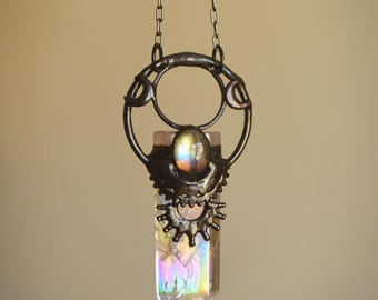 Electroformed Aura Quartz & Labradorite Pendant: Gunmetal Copper Necklace