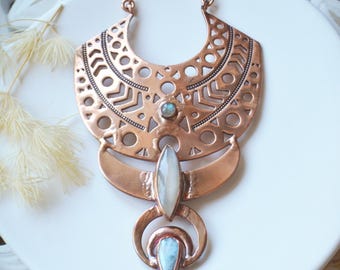 Statement tribal collar with labradorite, moonstone and larimar. Boho gifts for her