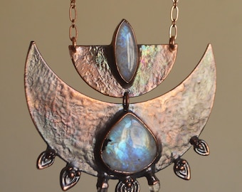 Statement tribal collar with quartz and rainbow moonstones