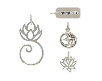 CLOSEOUT! 51 Sterling Silver Charms, Namaste Charms, Om Charms, Lotus Charms, Lotus Charm Holders, Wholesale Jewelry