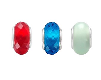 CLOSEOUT! 9 pieces, Glass Silver Core Bead, 3 Red, 3 Blue, 3 Sea Green Glass Bead, European Style Large Hole Bead for 3mm bracelet