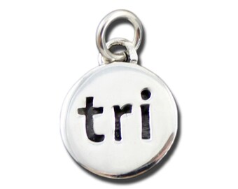 CLOSEOUT! 5 pcs Tri Charm, 1/2" diam, 2mm thick Round Sterling Silver Charm, Silver Triathlon Jewelry, 925 Silver Jewelry