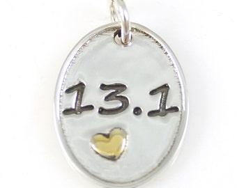 CLOSEOUT! 21 pieces, 13.1 Oval Half Marathon Pendant with Gold Heart For Runners, Sterling Run Pendant for Necklace, Wholesale Jewelry