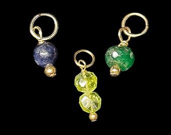 CLOSEOUT! 3 Genuine Gemstone Sapphire, Emerald, Peridot Drop Charms, 14/20 Gold Filled Pin and Jump Ring, Add to Bracelets and Necklaces