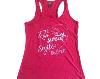 Womens Running Shirt with Inspirational Quote "Run Sweat Smile Repeat", Red running tank,  Top Sizes XS, L, XL, Comfortable Tank