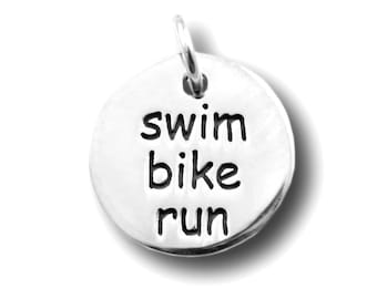 CLOSEOUT! 4 pcs Swim Bike Run Charms, Sterling Silver Triathlon Jewelry, 1/2" diam, 1.5mm thick; Dbl Sided design; From Nina Designs A1488