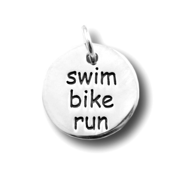 CLOSEOUT! 4 pcs Swim Bike Run Charms, Sterling Silver Triathlon Jewelry, 1/2" diam, 1.5mm thick; Dbl Sided design; From Nina Designs A1488
