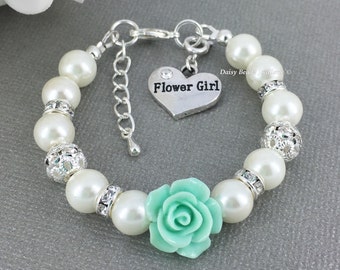 Mint Flower Girl Bracelet, Flower Girl Jewelry, Flower Girl Gift, Mint Flower Pearl Bracelet, Charm Bracelet, Girl Jewelry, Wedding Jewelry