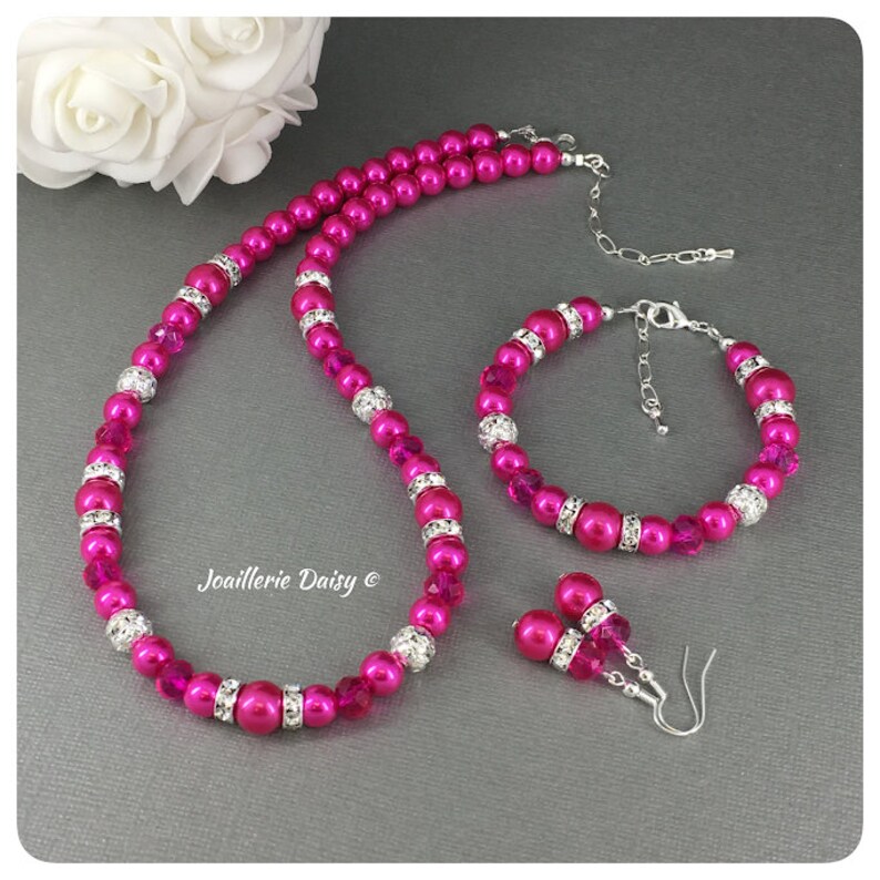 Hot Pink Bracelet Fuchsia Pearl Jewelry Set Bridesmaid Etsy