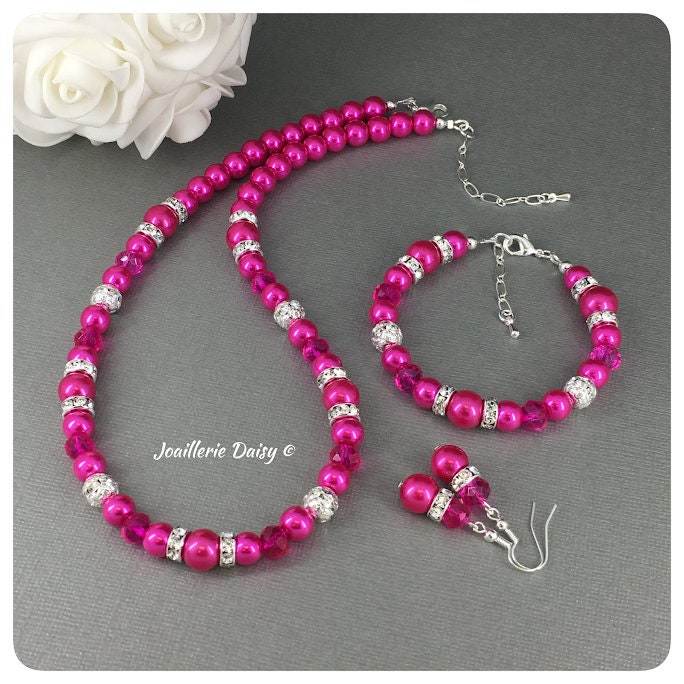 Hot Pink Necklace Pearl Jewelry Set Bridesmaid Jewelry Pearl Etsy