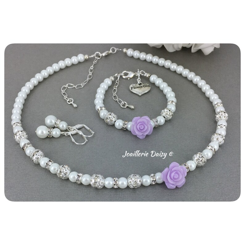 Lilac Flower Rose Necklace Set Flower Girl Jewelry Wedding Etsy