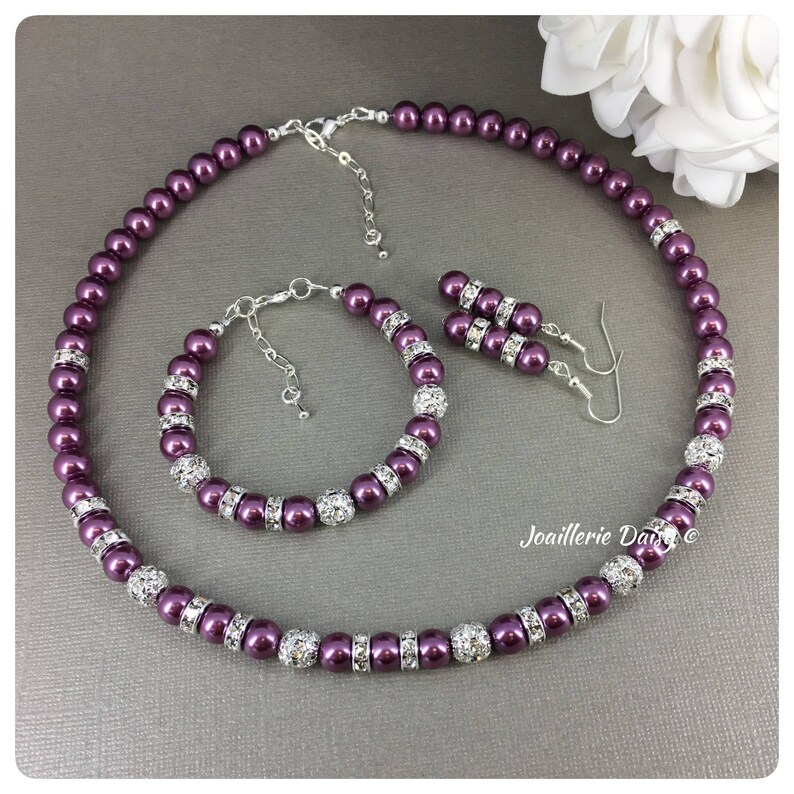 Prom Jewelry Gift for Bridal Party Wine Maid of Honor Gift Bridesmaid Purple Necklace Set Plum Pearl Bracelet Purple Wedding Jewelry