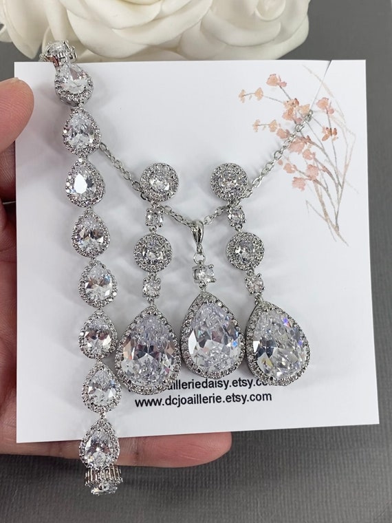 Wedding Statement Jewelry Set Silver Crystal Teardrop - Etsy