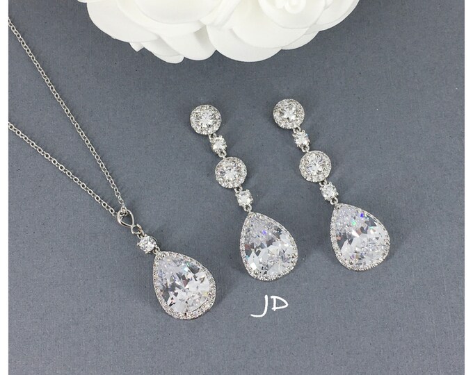 Wedding Statement Jewelry Set, Silver Crystal Teardrop Bracelet, Bridal