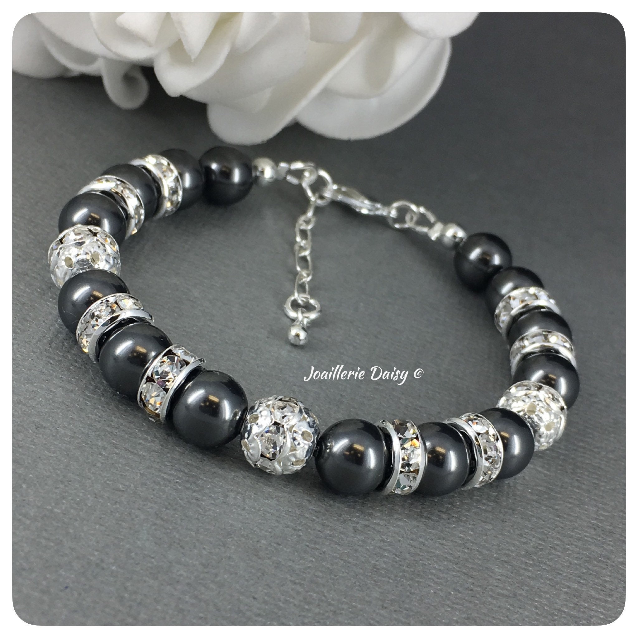Charcoal Pearl Bracelet Dark Grey Bracelet Rhinestones | Etsy