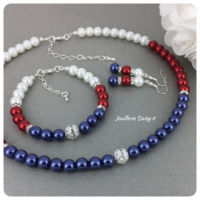 July 4th USA Independence Day USA Memorial Day Patriotic Jewelry Red Blue White American Flag Jewelry Ombre Neckalce Set